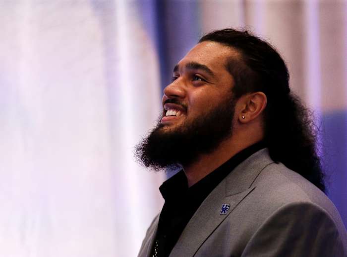 University of Kentucky offensive lineman Darian Kinnard speaks to the media during SEC Media Days at the Hyatt Regency in Hoover, Ala., Tuesday, July 20, 2021. [Staff Photo/Gary Cosby Jr.] Sec Media Days Kentucky